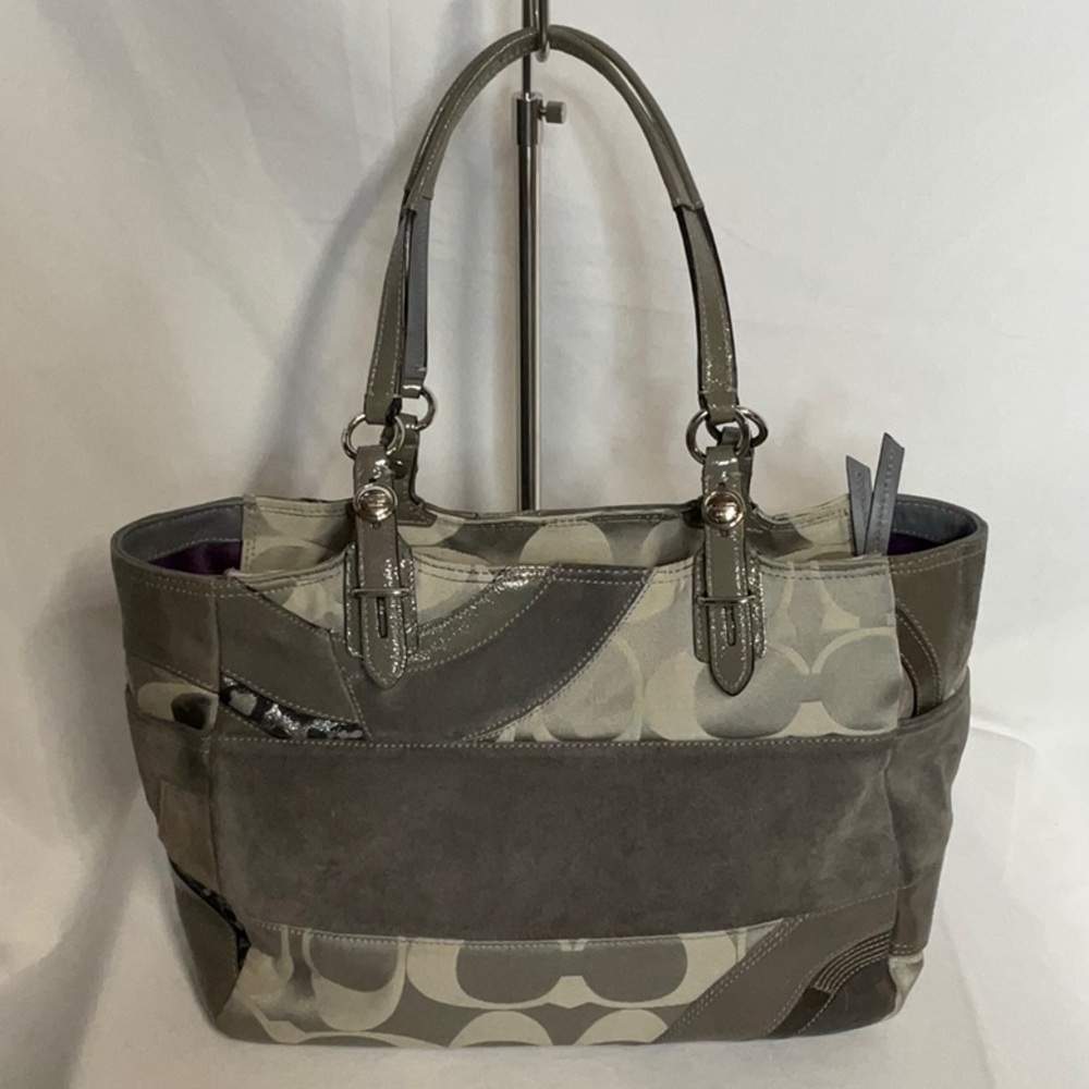 Coach F15459 Ocelot Tote Taupe Neutral Tones Patchwork Leather Suede Jaquard Bag - Picture 2 of 15